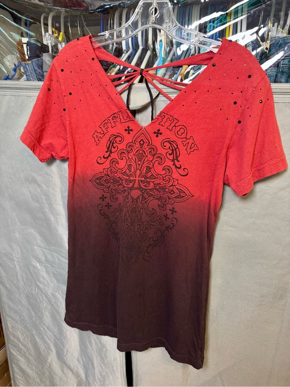 Affliction Women's Red to Black Ombre V-Neck Tee with Strappy Back